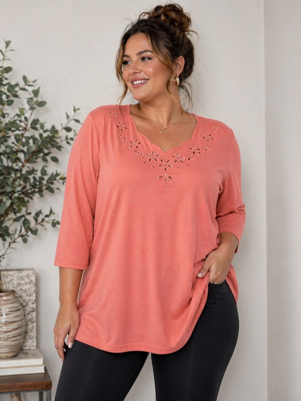 ✨ Quacker Factory Embellished Top – Coral | Soft Stretch | Feminine Detail